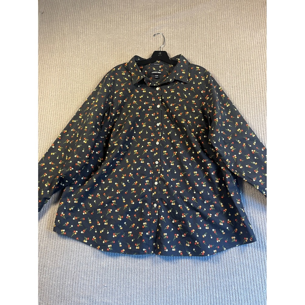 Lands' End Shirt Womens 26W No Iron Supima Dark Ditsy Floral Button-down EUC